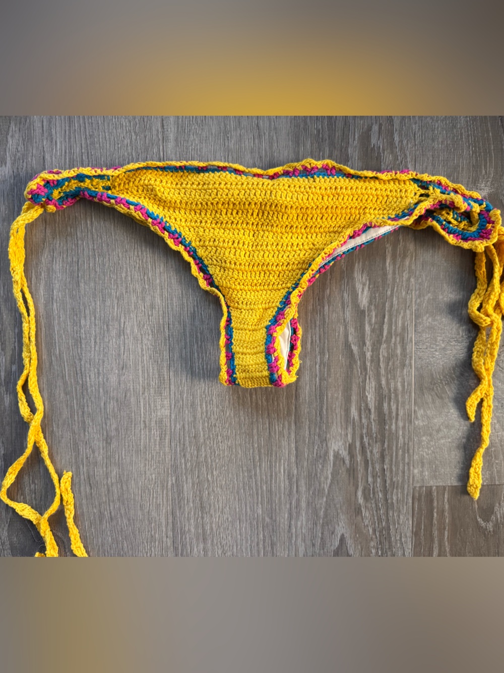 South Beach Handmade Yellow Crochet Bikini Top with Multicolor Trim